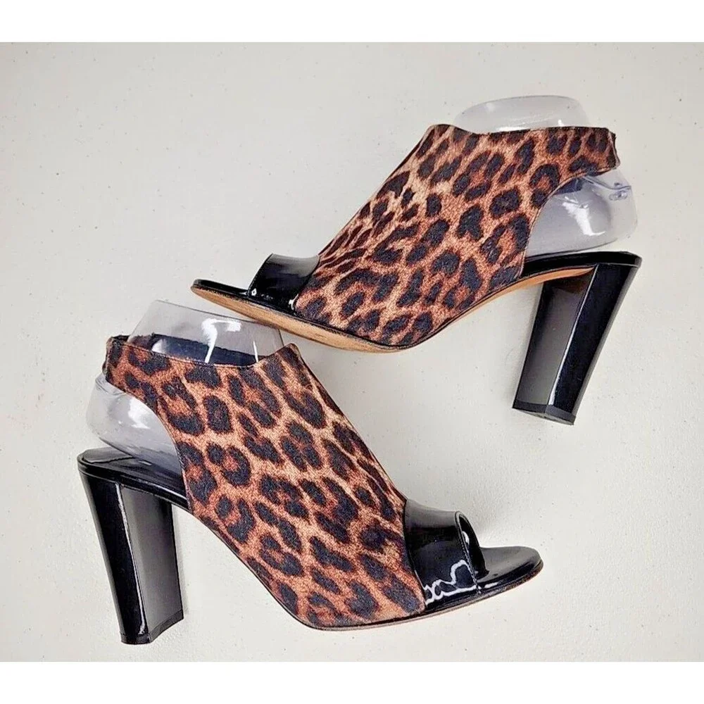 Donald J Pliner Mink Slingback Sz 8 Leopard Print Patent Leather Peep Toe Heel